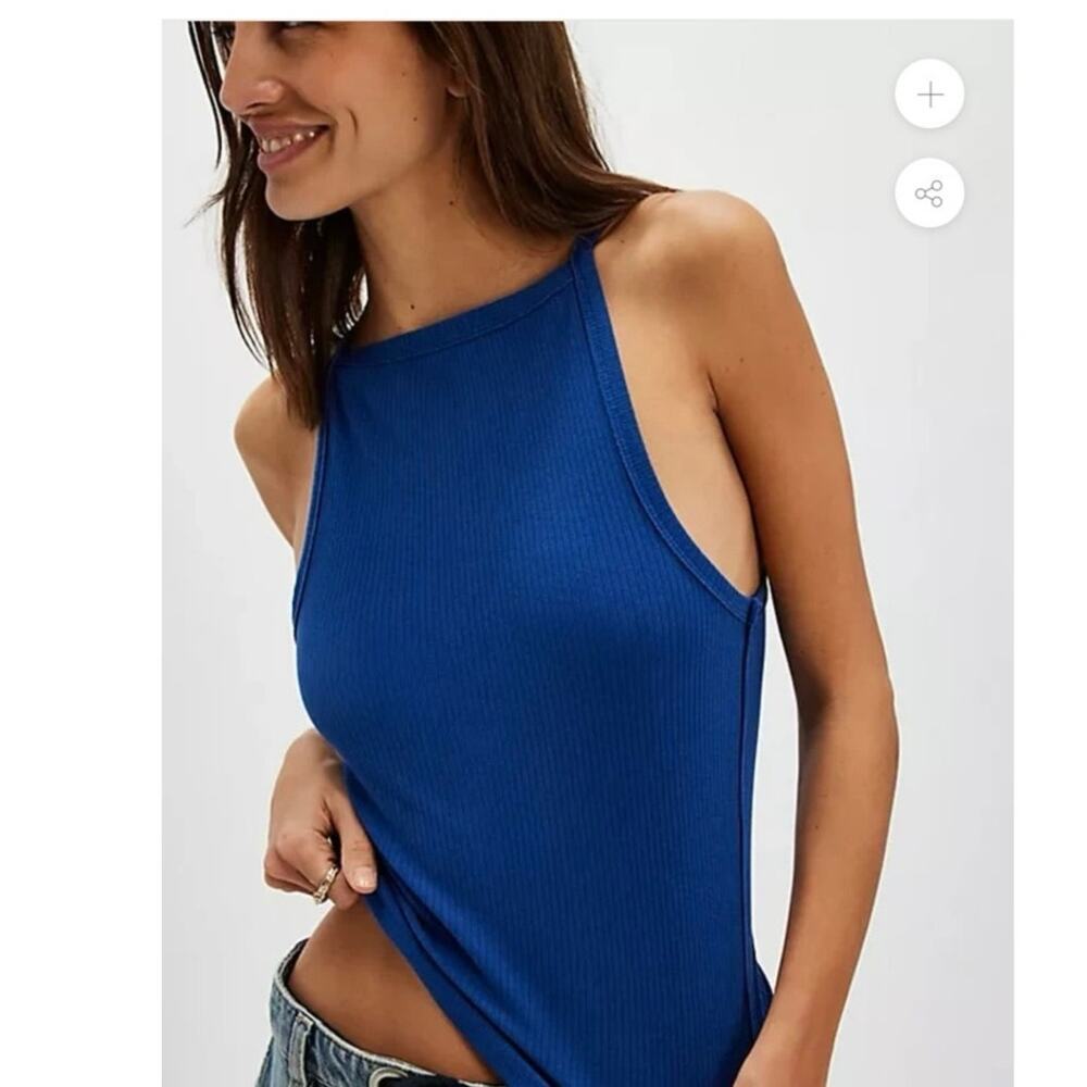 Free People We The Free Mia Tank Sz M Bellweather Blue Ribbed Square Neck